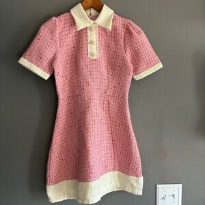 Pink Tweed Collared Dress With Pearl Buttons
